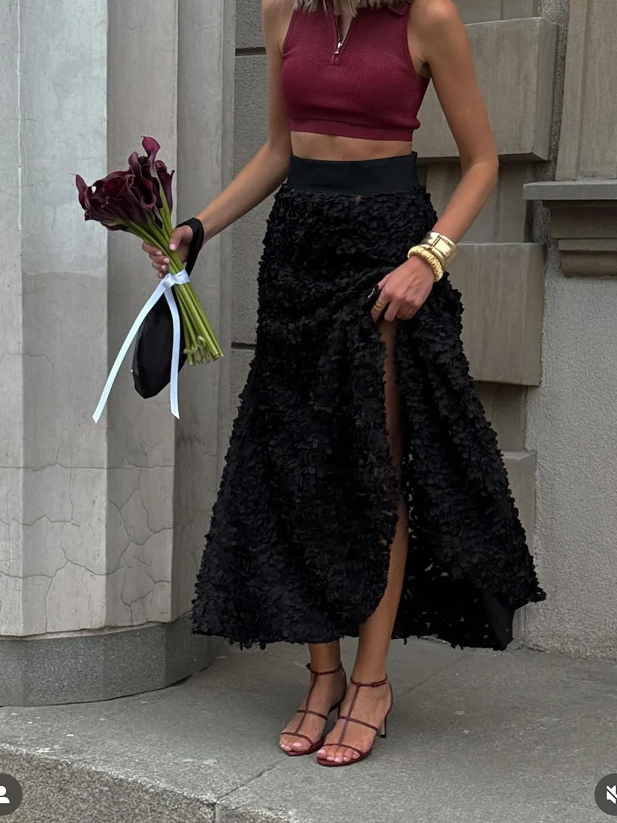 Luxury 3D Flower Layered Petals Maxi Skirt Chic Design Split Slim High Waist Long Skirt Fall Special Event Outfits For Woman