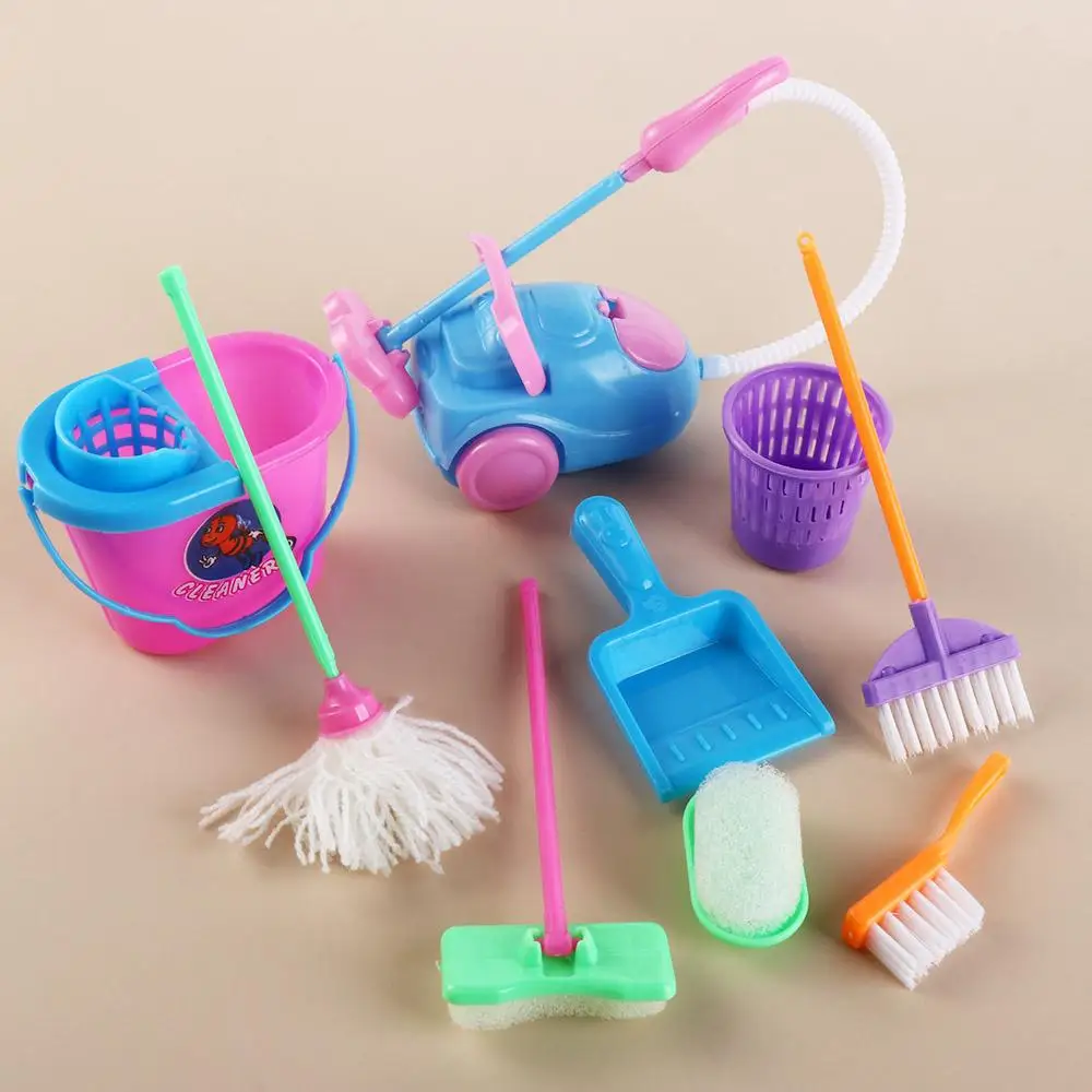 9 ชิ้น/เซ็ตเล่น 1:6/1:12 บ้านตุ๊กตาเฟอร์นิเจอร์ Sweep Mop ตุ๊กตาเครื่องมือทําความสะอาดในครัวเรือน DIY ห้องน้ํา