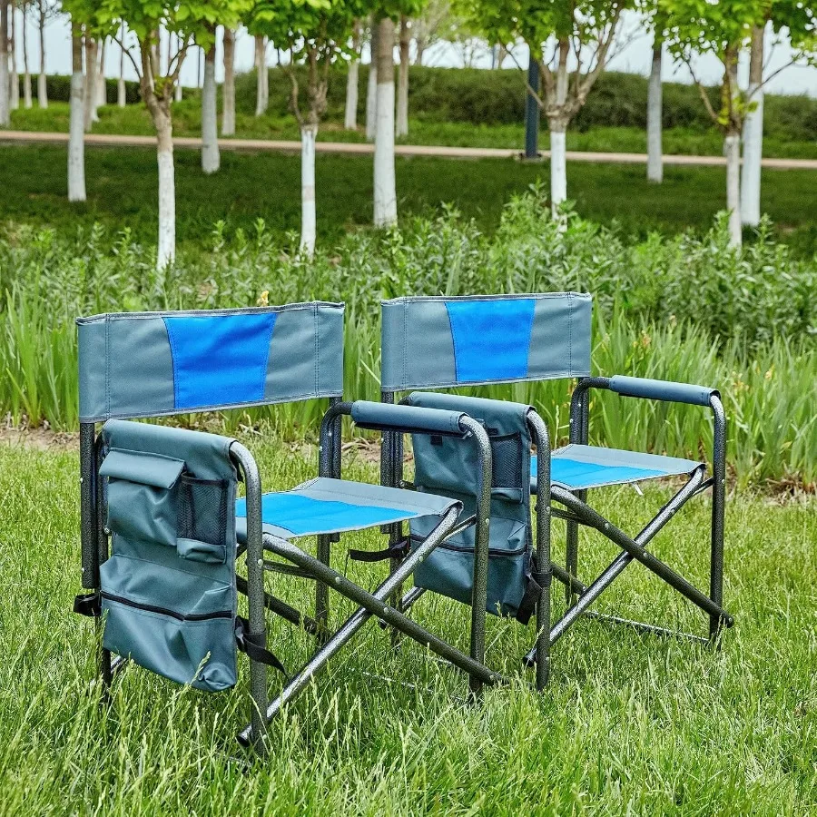 Outdoor folding chair with padded seat, storage pockets, lightweight oversized design for camping, picnics, fishing; blue and g