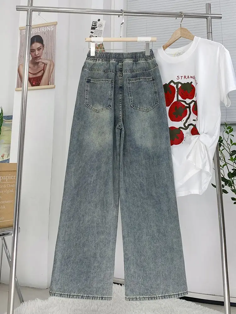 Women's Elastic High Waist Wide Leg Straight Jeans Loose Slimming Student Style Plus Size Vintage Washed Streetwear Denim Pants