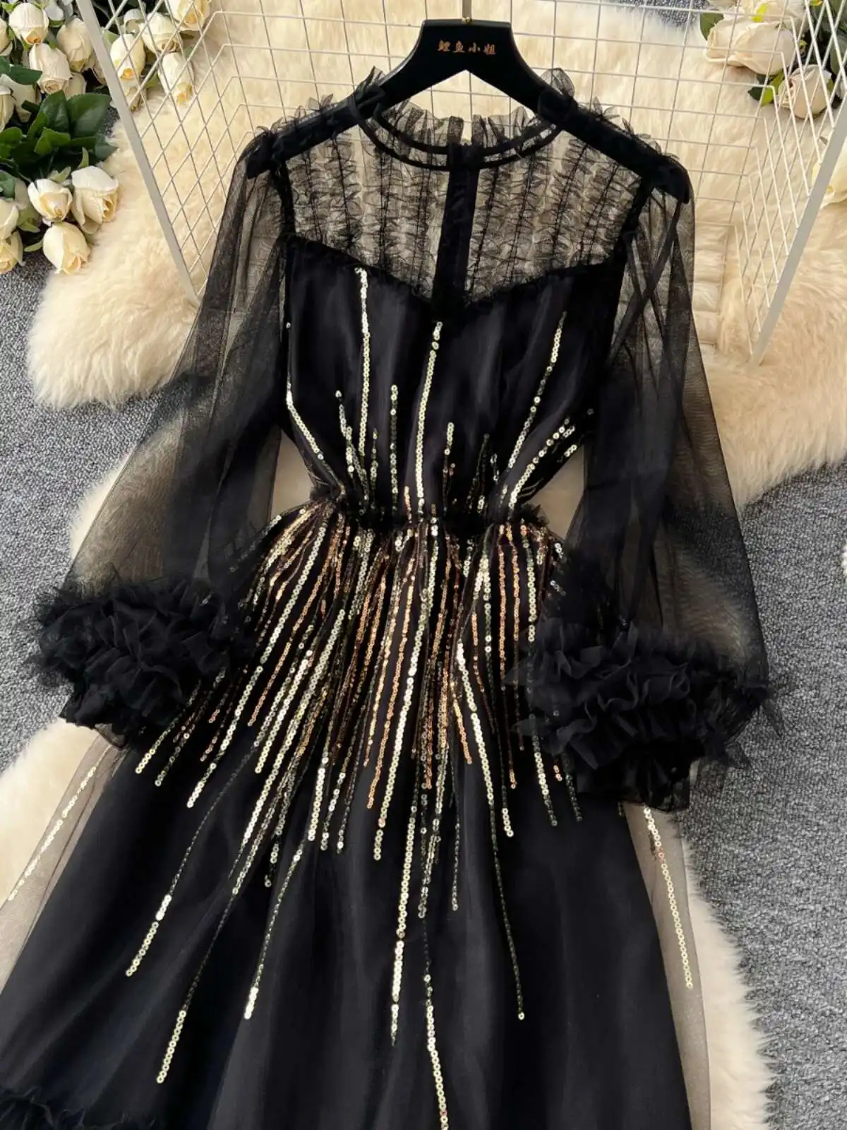 女性メッシュイブニングパーティードレス春夏スパンコール刺繍立体レース長袖ドレスヴィンテージロングローブ