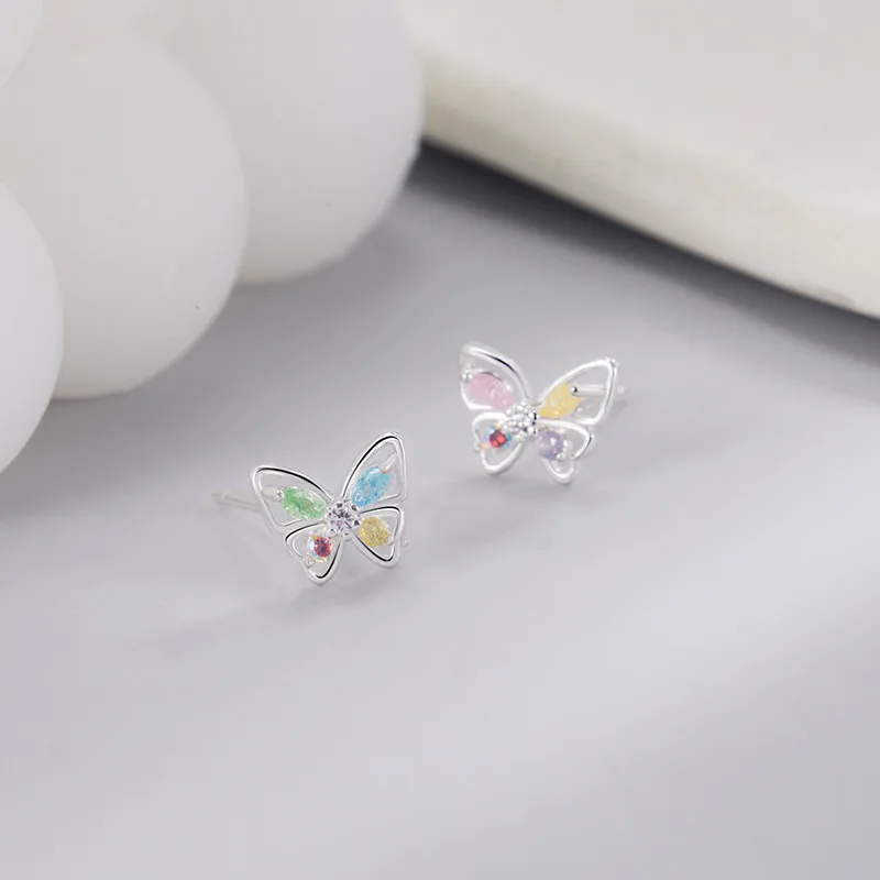 925 Sterling Silver Colorful Diamond Butterfly Earrings for Women Sweet Girl Heart Luxury Ear Studs Fashion Jewelry Gifts