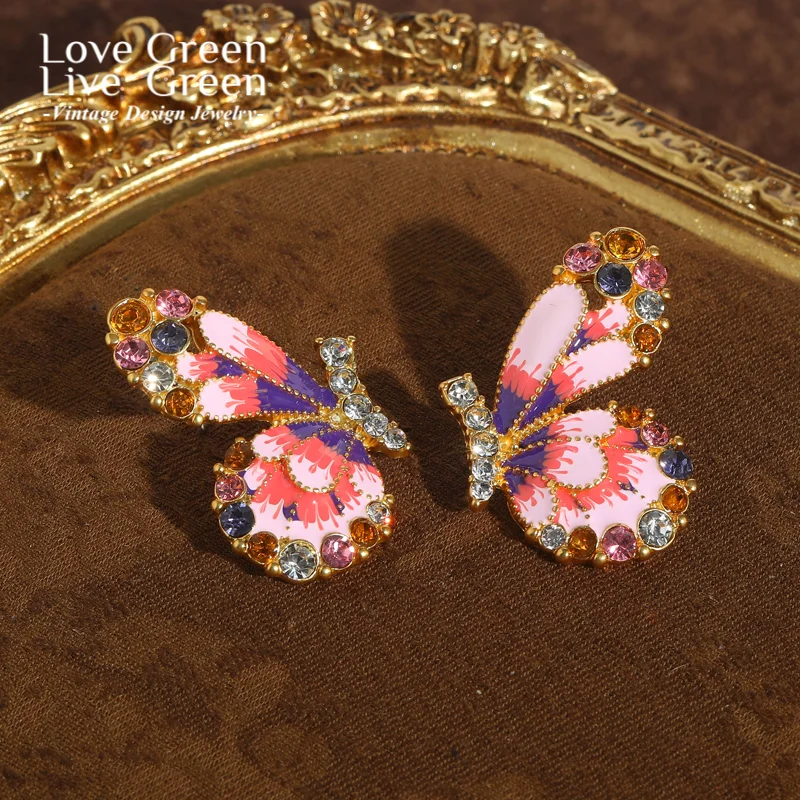 

Vintage Pink Enamel Half Butterfly Earrings Stud Woman Designer Luxury Quality Jewelry Elegant Crystal Party ﻿Charm Accessories