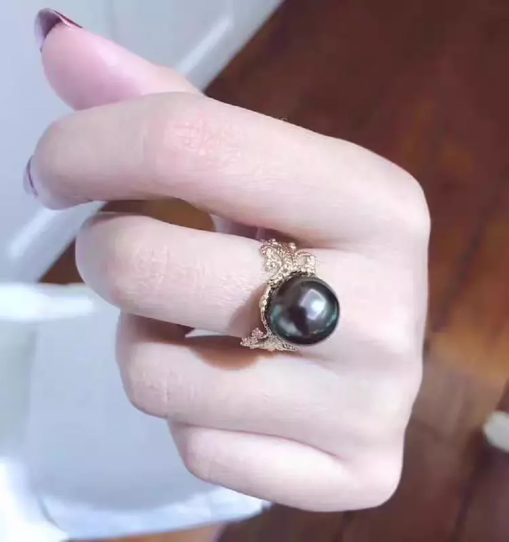 Beautiful AAAAA 11-10mm Authentic South  Sea Black Round Pearl Ring 925s 9/12mm