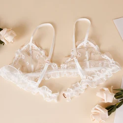 French Floral Embroidery Lace Bra Sweet and Sexy Bra Thin Triangle Bra Unlined Girl's Small Chest Top with Adjustable