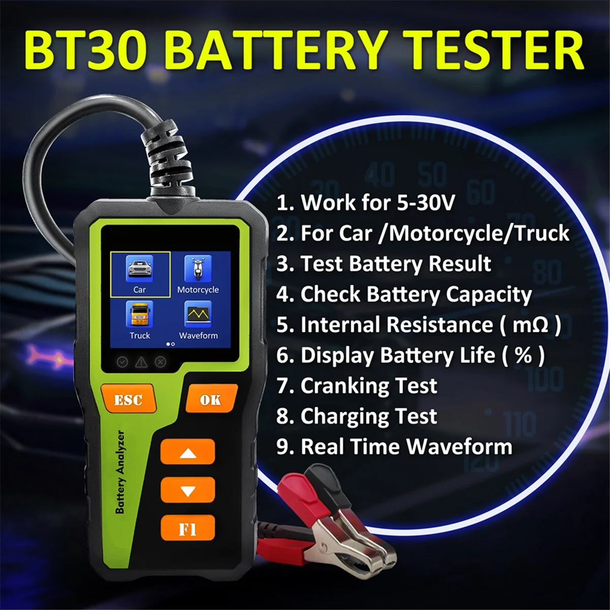 BT-30 Battery Tester Load Tester Car Battery Tester Digital Car Battery Analyzer for Most Batteries