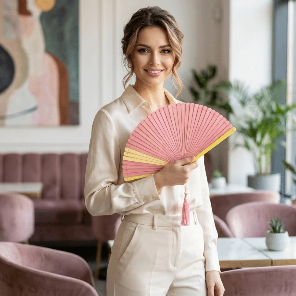 Lightweight Retro Bamboo Folding Fan Portable Minimalist Handheld Fans Classical with Tassel Hand Cranked Fan Women