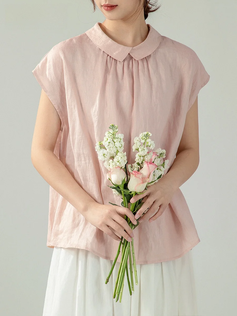 

Original Pink Short Sleeve Linen Shirt Women's Loose Top Summer Japanese Style Artistic Breathable Comfortable Female Blouse