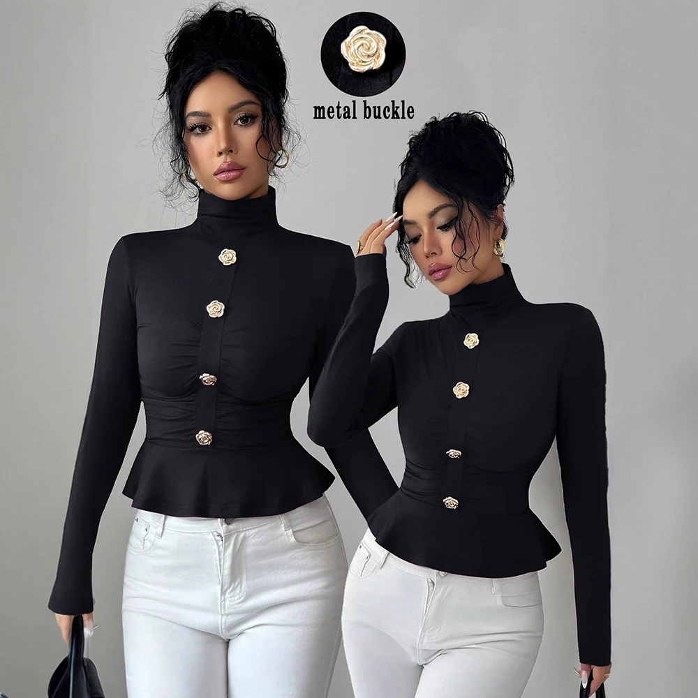 

Women's Elegant Rose Metal Buckle High Neck Blouse Black Long Sleeve Slim Ruched Top Female 2026 Spring Fashion Shirt Camisetas