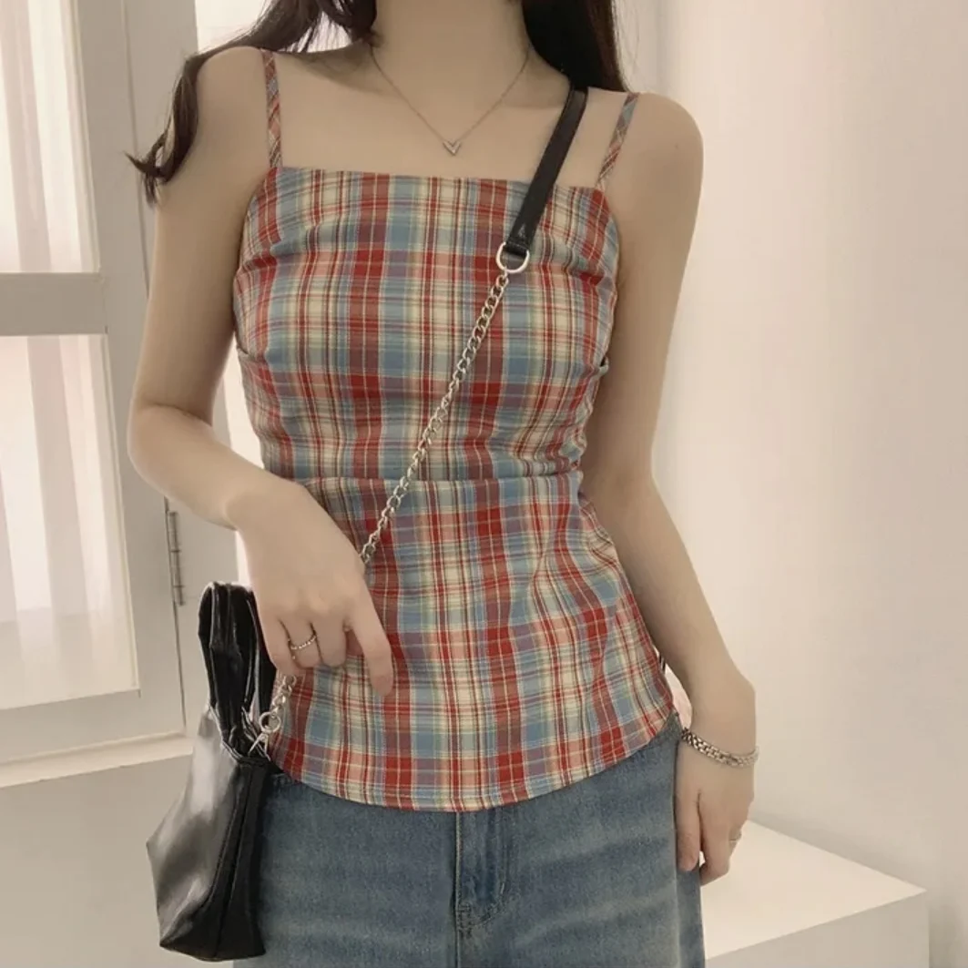 Top curto xadrez vermelho com alças, feminino, verão, uso ao ar livre, design exclusivo, picante, svel, colete moderno
