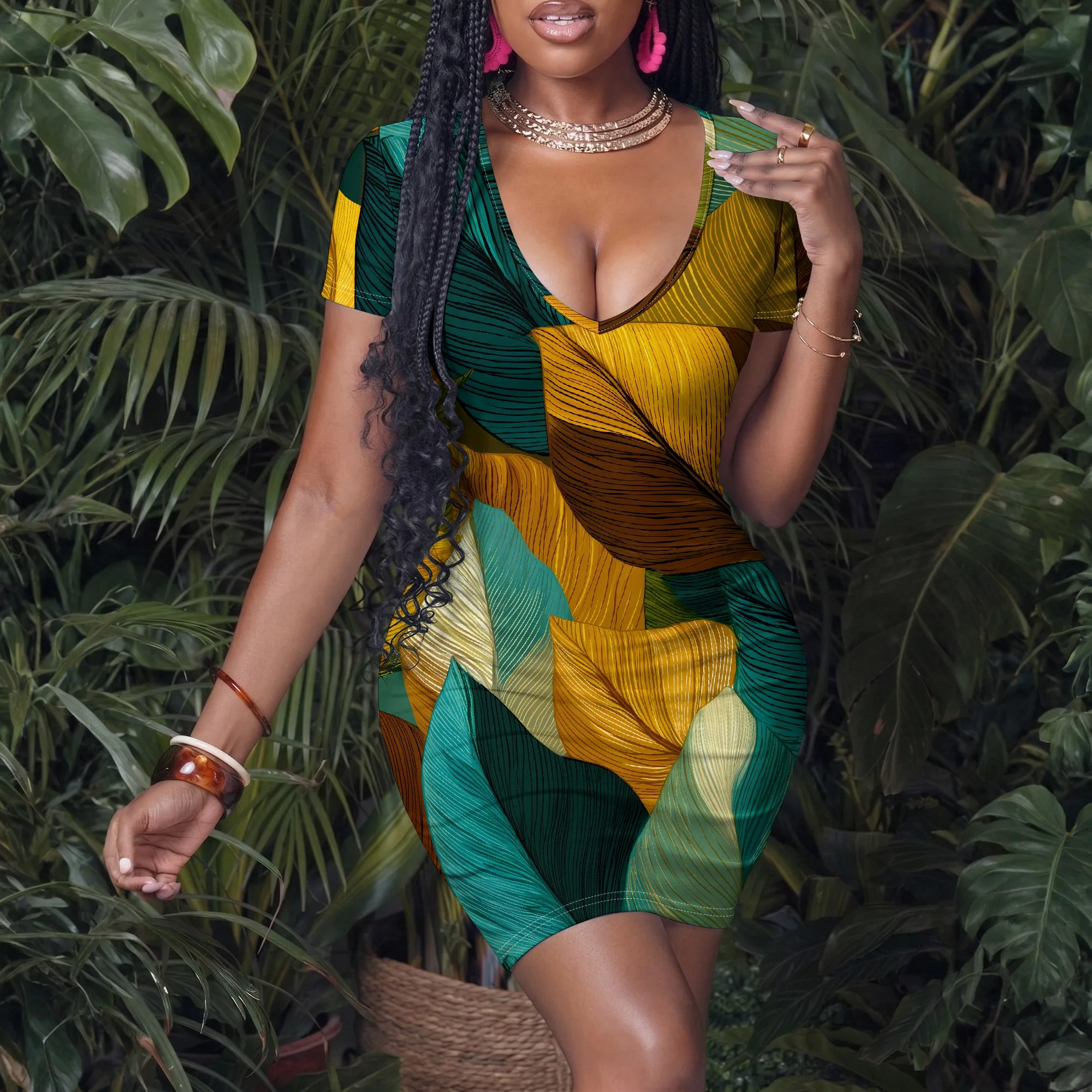Tropical Print Dress, V-Neck Bodycon, Short Sleeve Wrap Style, Green & Gold Leaf Pattern, Summer Party Wear for Women, XS-XL