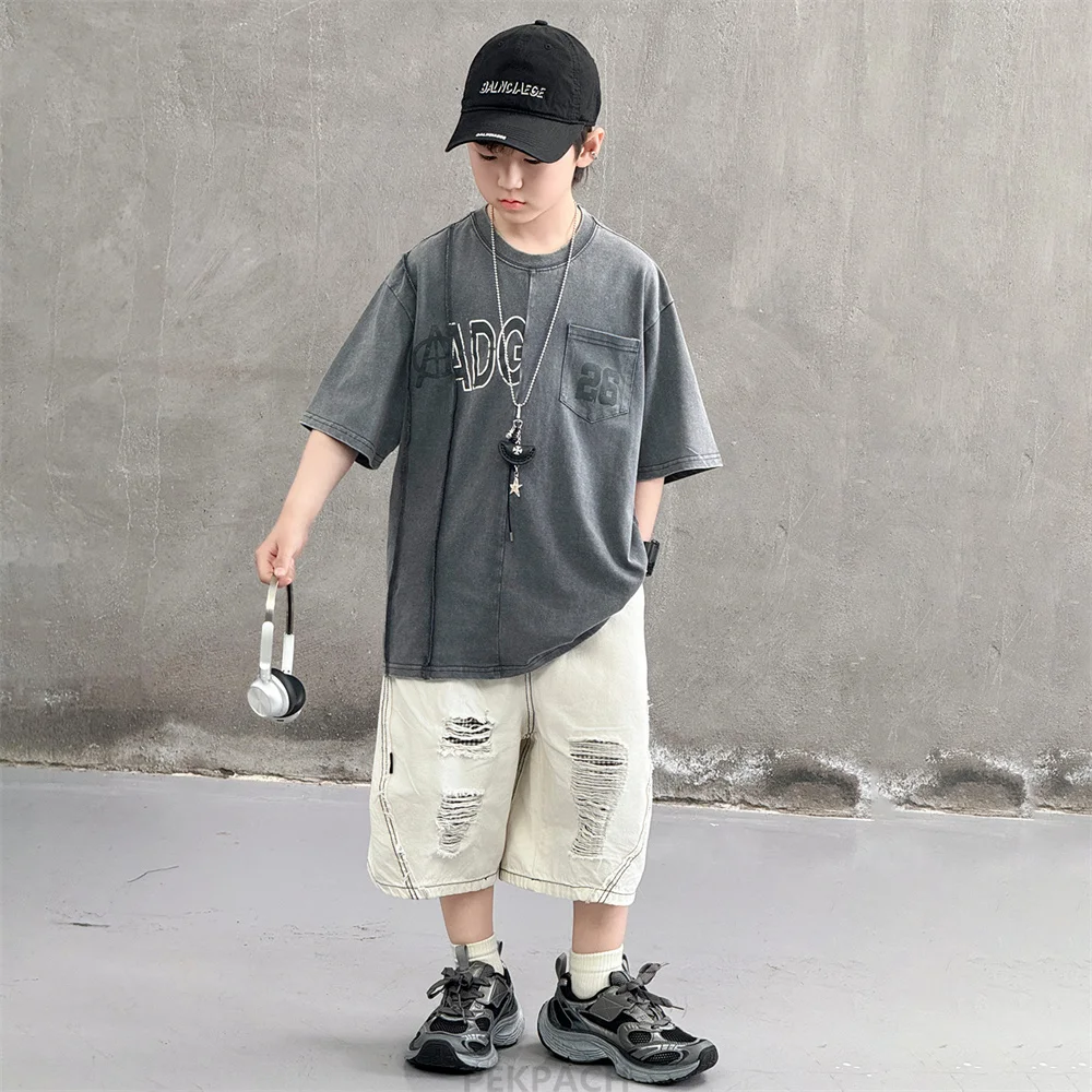 Cool Style Teenager Summer Set T-shirt And Ripped Denim Shorts Clothing Set for Kids Boy Age 7 To 14 Years Children Clothes Suit