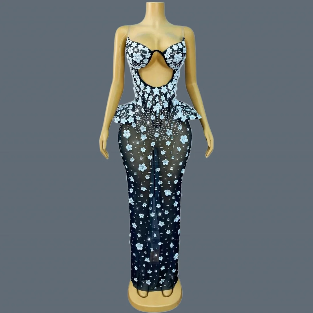 

Sparkly Rhinestone Flowers Long Dress Birthday Celebrate Women Sexy Mesh See Through Evening Gown Photo shoot Wear Bailianhua