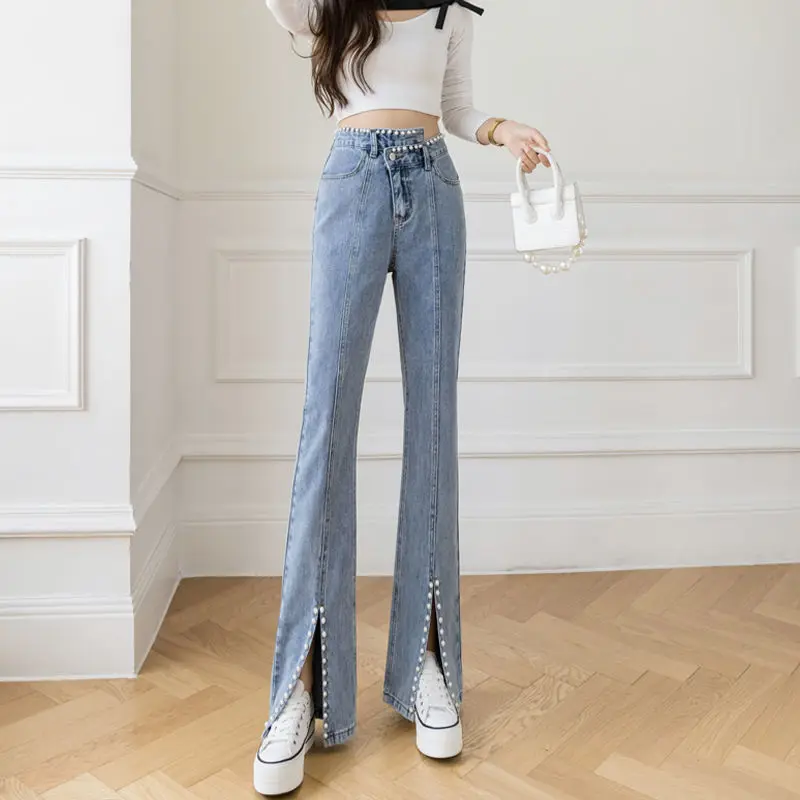 Fashion Nail Bead Micro Flared Jeans for Women's New Style Small and Slim Split Wide Leg Floor Length Pants