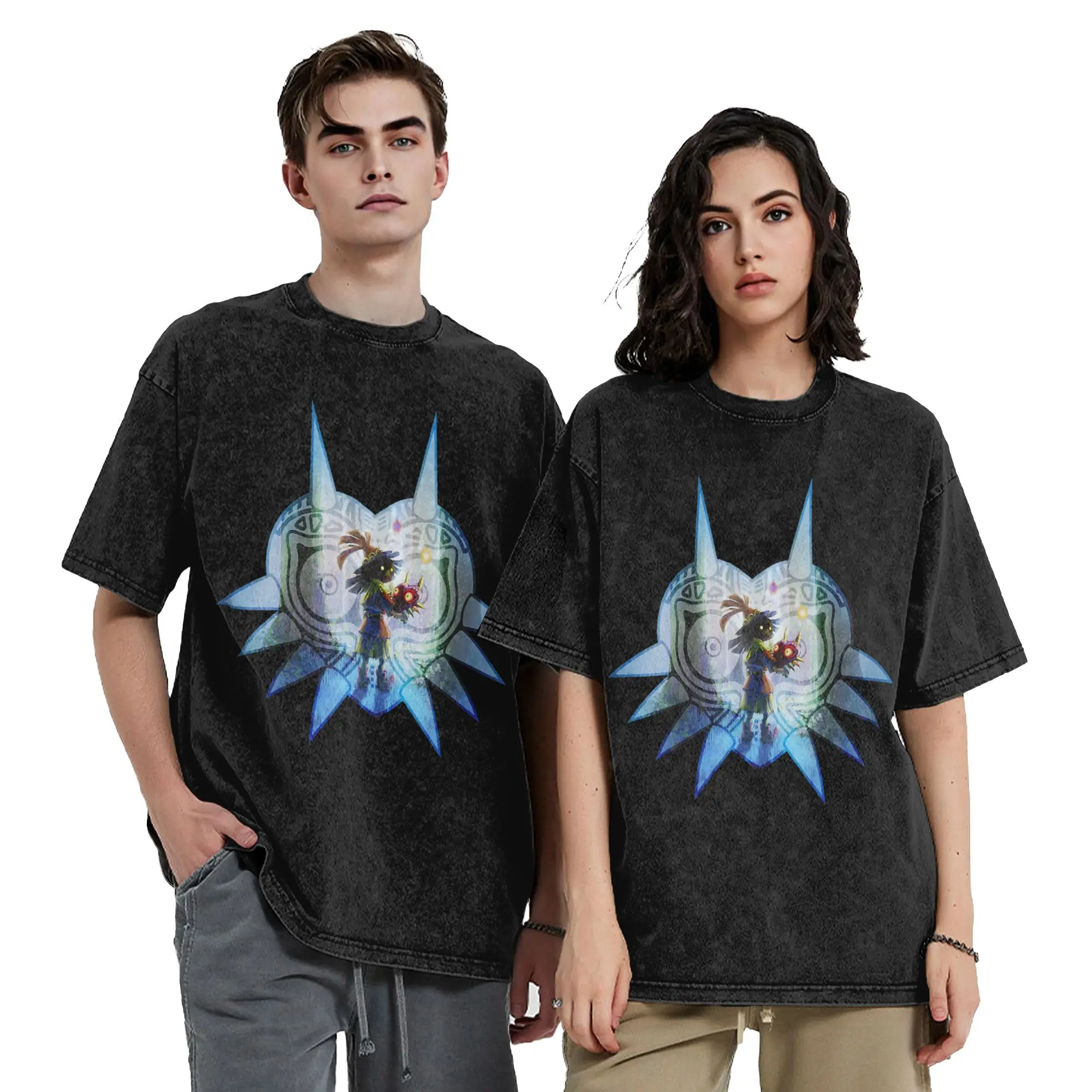 Zeldas Legend Link Washed T Shirt Streetwear Retro T-Shirt Game Anime Tee Shirt for Men Women Short Sleeve Street Graphic