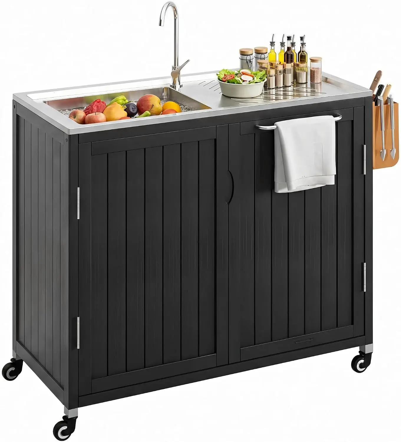 Outdoor Kitchen Island with 304 Stainless Steel Sink and Large Storage Cabinet,40-Inch BBQ Prep Station with Sink & 360