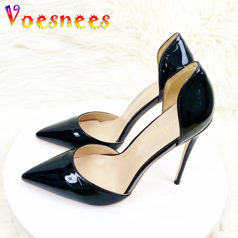 New Side Empty High Heels For The Summer Of 2023 12CM Pointed Slim Heel Sandals Black Lacquer Leather Workplace Women\'s Shoes