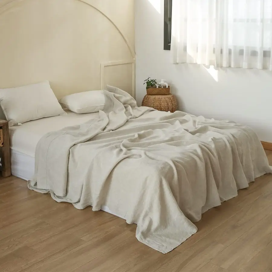 

French Linen Flat Sheet with Embroidered Border100 Stone Washed Flax Bedding,King Size108x102 Ultra Soft,Breathable Flat Top She