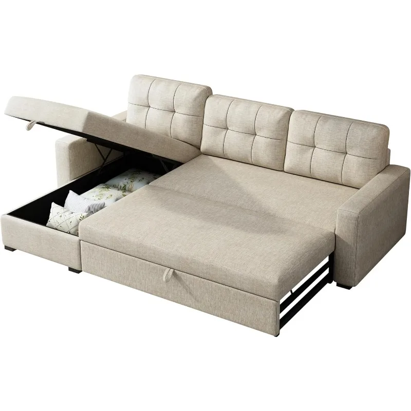 81.5" Sleeper Sectional Sofa,Upholstered Sectional Storage Chaise and Pull,Reversible L-Shape Couch,w/ 3 Back Cushions,for Livin