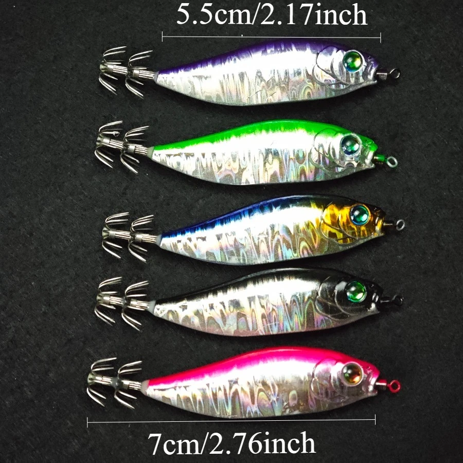 5-teiliges Set Horizontal Squid Jig Egi Set, mehrfarbig, laserholografische Beschichtung, langsam sinkender Tintenfischköder, Zubehör für Eging-Angeln – Detail 1