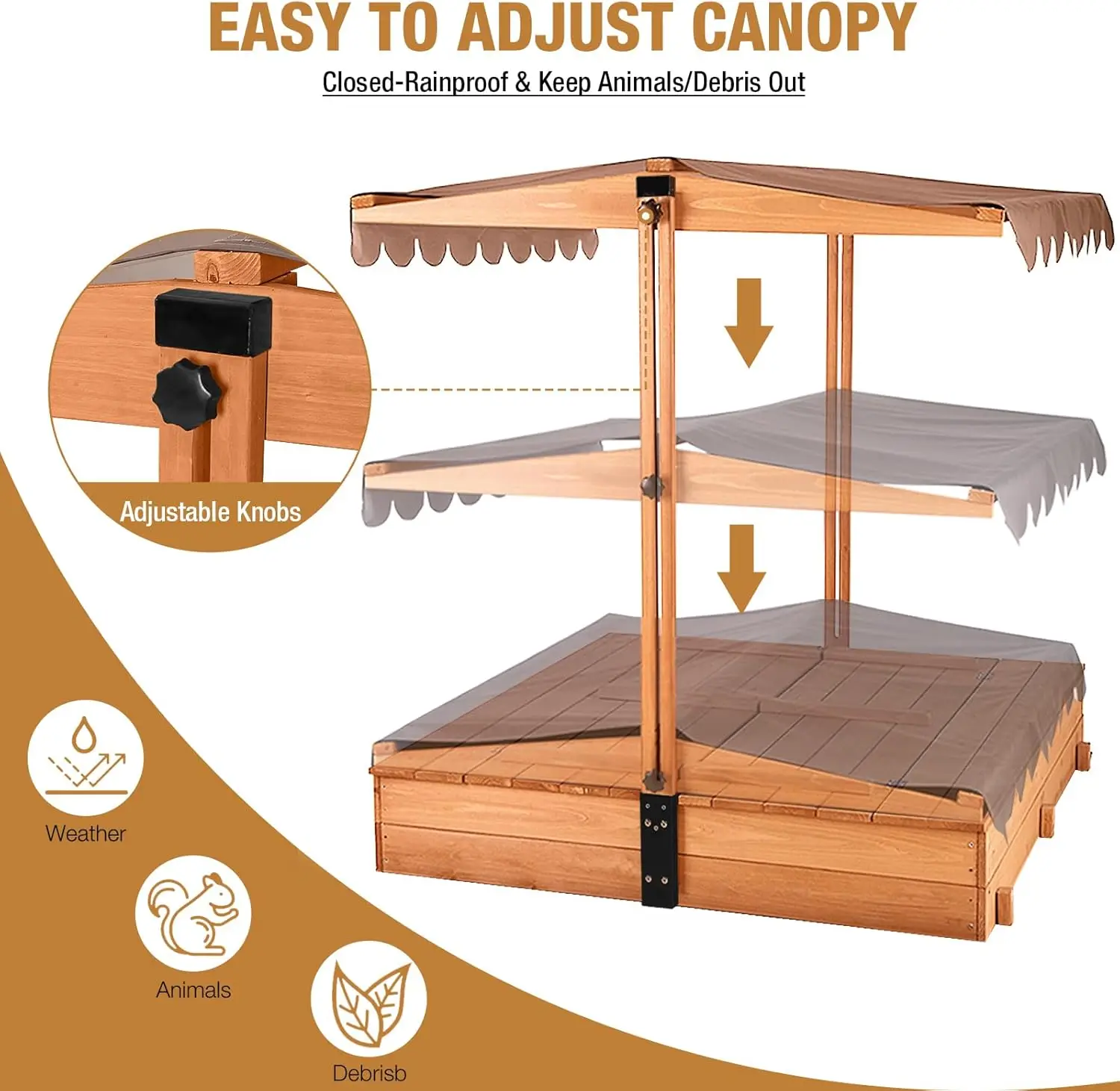 Sandbox per bambini con coperchio-scatola di sabbia in legno per esterni per bambini di grandi dimensioni con protezione sabbia di copertura, sedili da banco pieghevoli e Roo retrattile