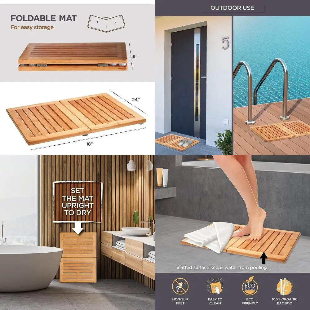 

Foldable Wooden Shower Mat - Non-Slip Spa Bath Mat for Indoor & Outdoor, 24x18 inches, Easy Storage