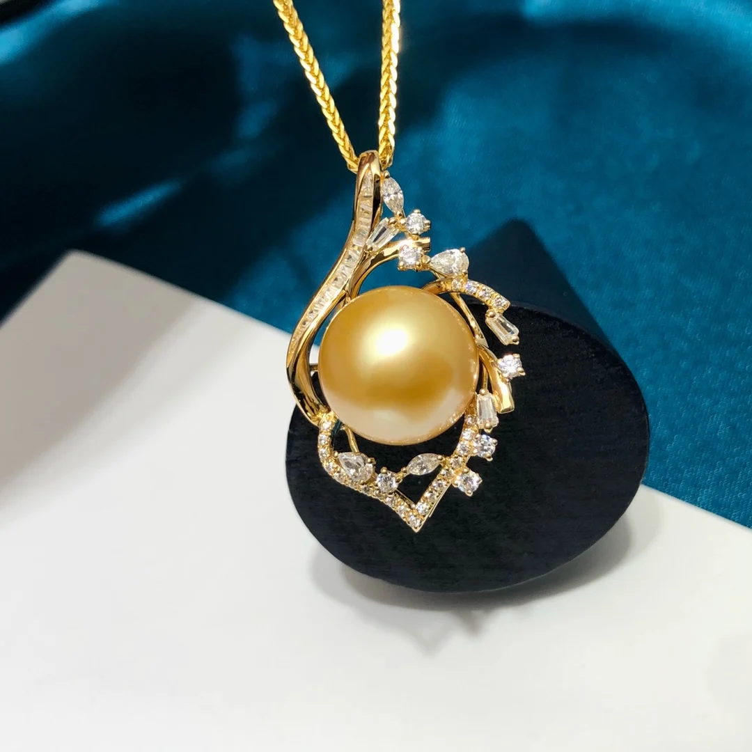 

JY Pearl Pendant Fine Jewelry Solid 18K Gold Zircons Sea Water Golden Pearls 12-13mm Pendants Necklaces for Women Gifts