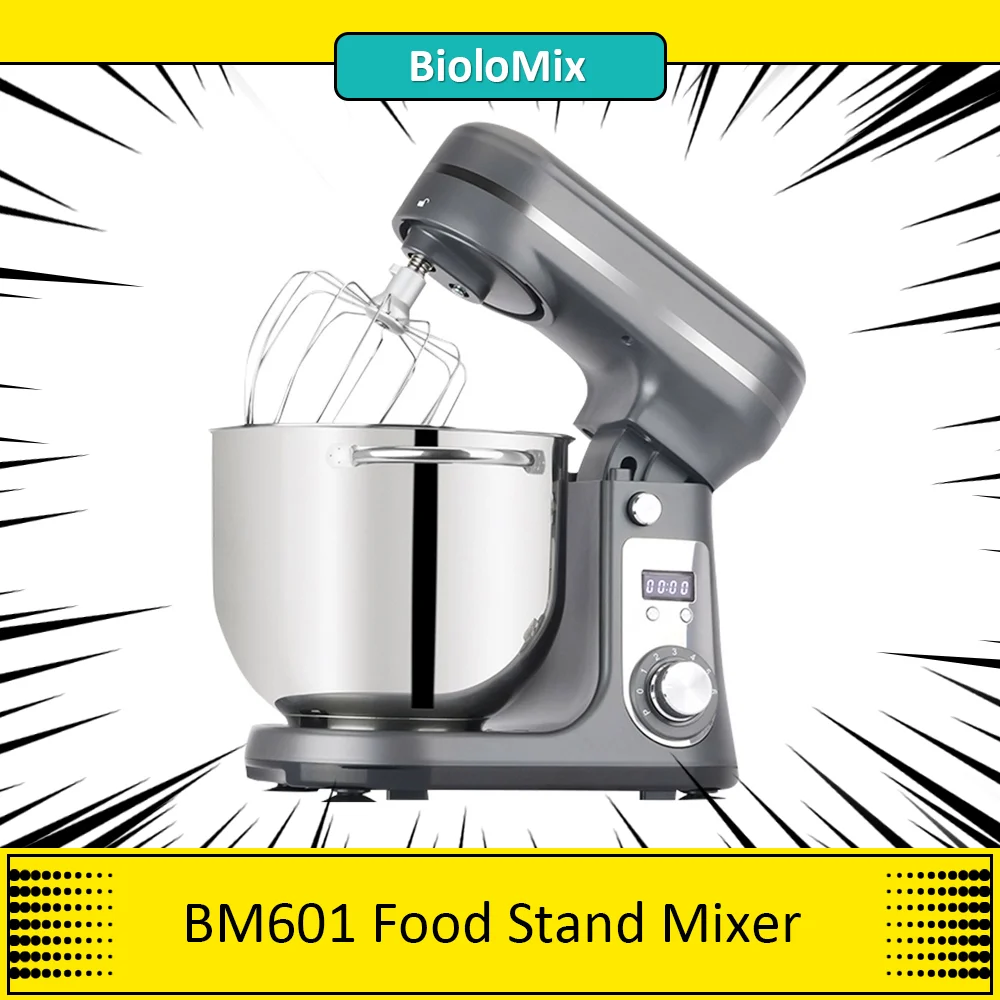 BioloMix BM601 1200W Kitchen Food Stand Mixer, Cream Egg Whisk, Cake Dough Kneader, 6L Capacity, Stainless Steel Bowl