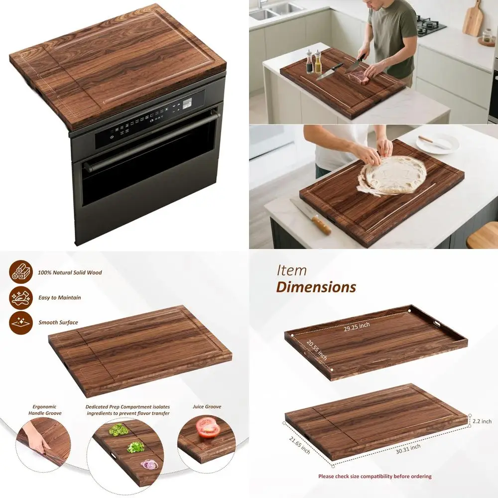 

Walnut Wood Stove Top Cover with Handle, Electric & Gas Burner Compatible, Cutting Board w/ Juice Groove