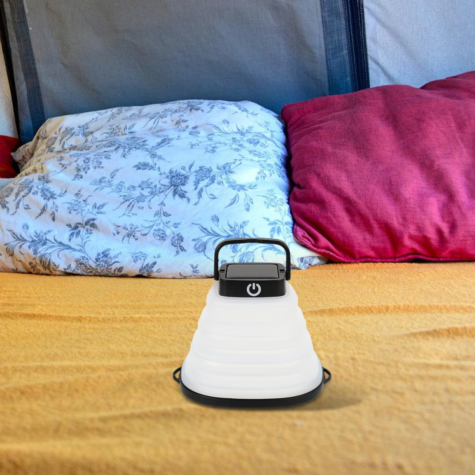 ضوء خيمة محمول للتخييم بالطاقة الشمسية قابل للطي USB قابل لإعادة الشحن مع مقبض مصباح طوارئ مقاوم للماء للمغامرة الخارجية