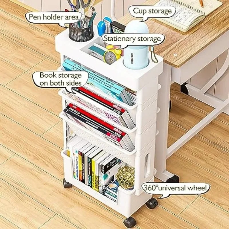 5 Tier Book Rack Storage Bookshelf, Mobile Bookshelf with Wheels, Movable Unique Bookcase Small Rolling Bookshelf, Mobile Book