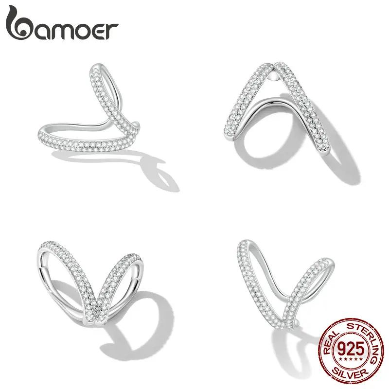 Bamoer 925 Sterling Silver Shining Ziron Simple Double Layer Ear Cuff for Female Non-Piercing Jewlery Matching Birdal Wedding