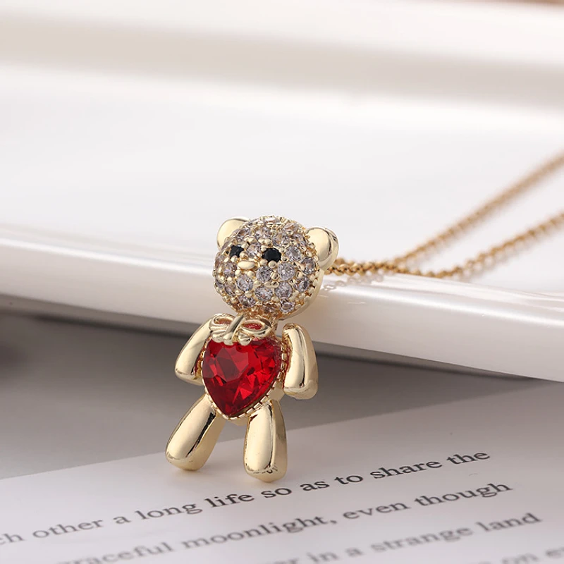 Classic Cute Bear Necklace Fashion a red blazing heart beautiful bow design collarbone pendant for the most beautiful girl gift