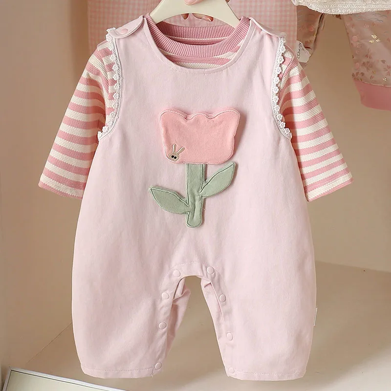 

Комплект из 2 предметов, весенне-осенняя одежда для маленьких девочек, корейская мода, милый топ в полоску с длинными рукавами и цветочным принтом + комбинезон, роскошная детская одежда B307