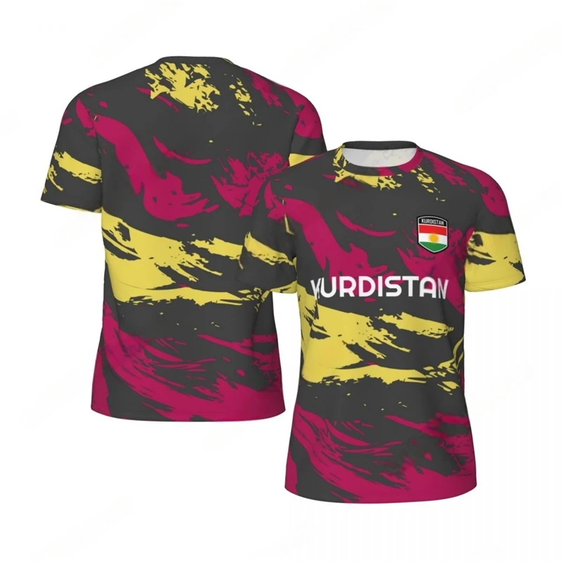 Fashion Kurdistan Flag Graphic Football T Shirts For Men Trend 3D National Emblem Printed Sports T-shirts Loose Breathable Tees