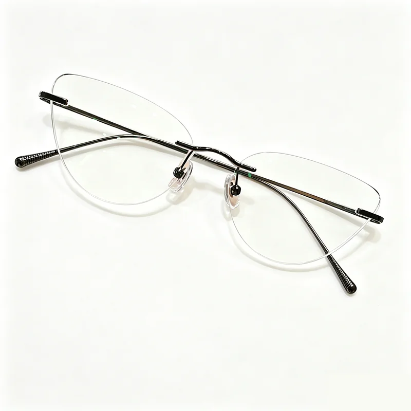 Pure titanium frameless cat eye teardrop shaped glasses for women, ultra light anti blue light glasses frame, prescription