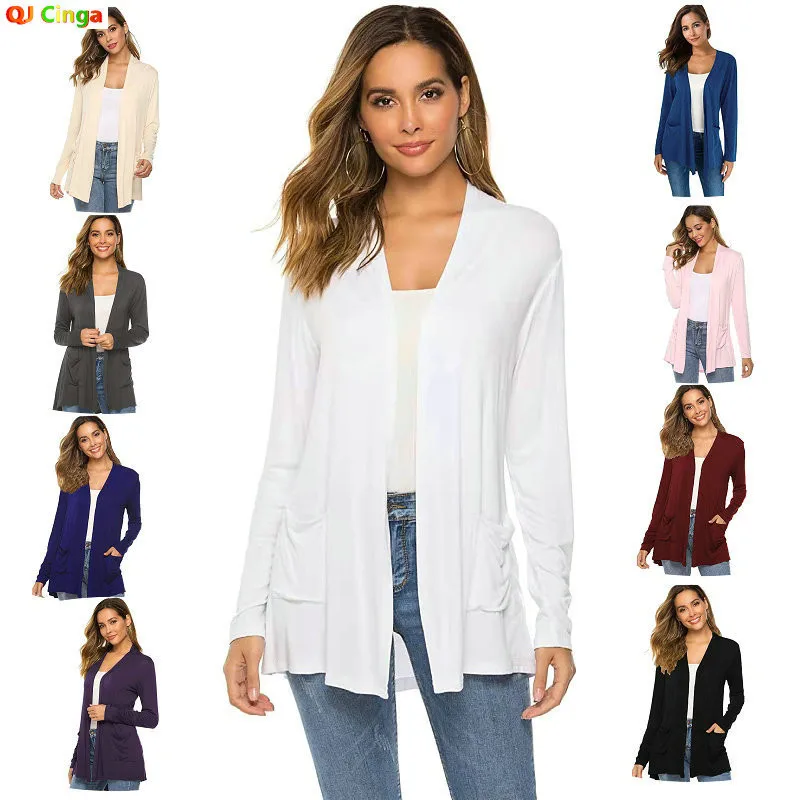 Lightweight Women's Long-sleeve Knit Cardigan, Available in Black, White, Gray, Blue, Red, and Beige.