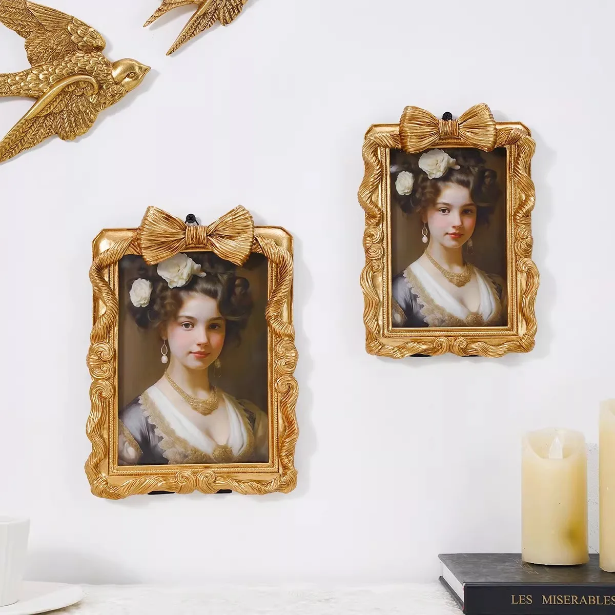 European Retro Golden Three-Dimensional Bow Pattern Decorative Indoor Desktop Photo Display Frame (Hanging Or Standable)