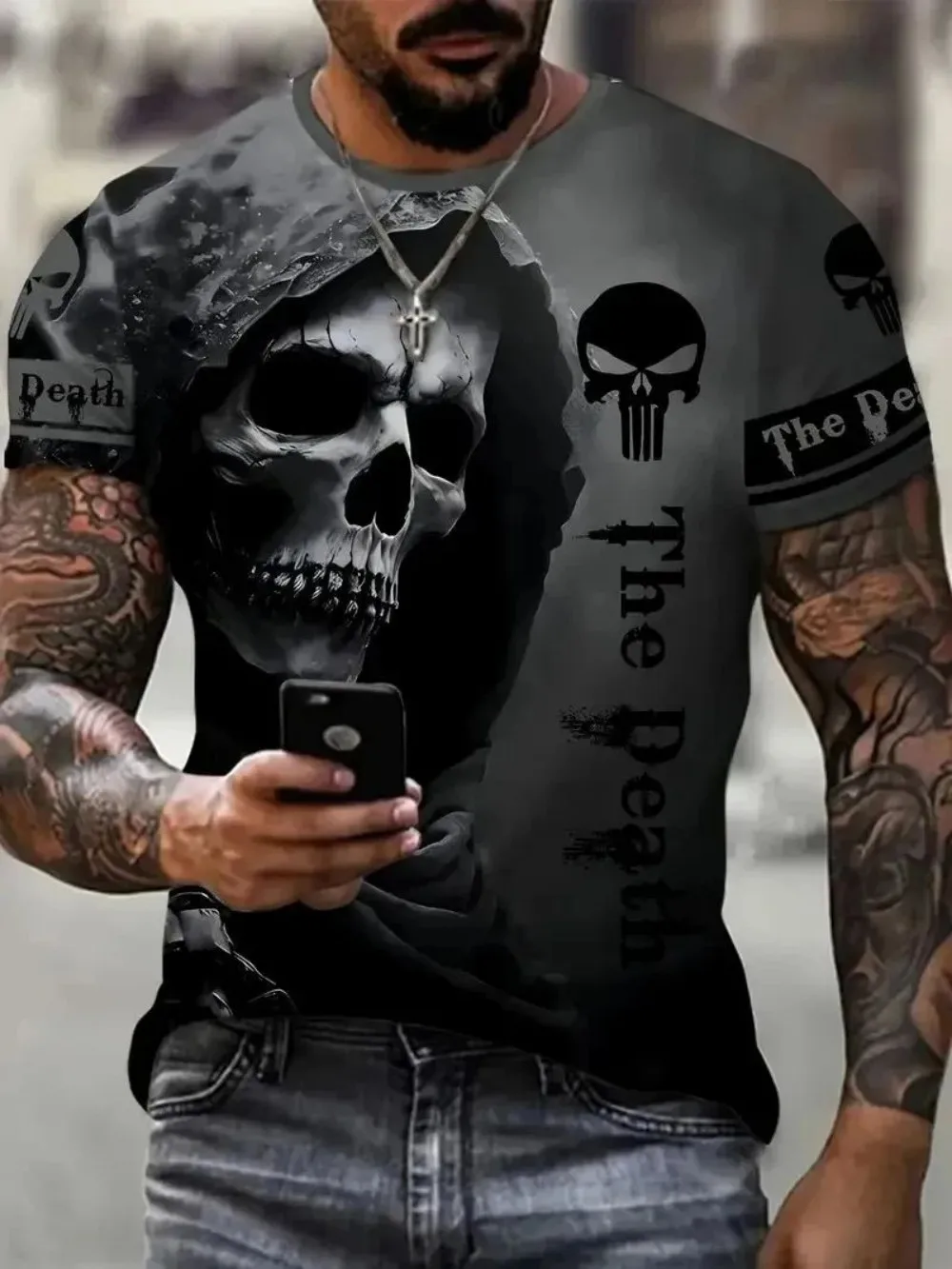 Horror Death Summer Men's Breathable Round Neck T-shirt Skull Print Halloween Street Hip Hop Casual Outdoor Top