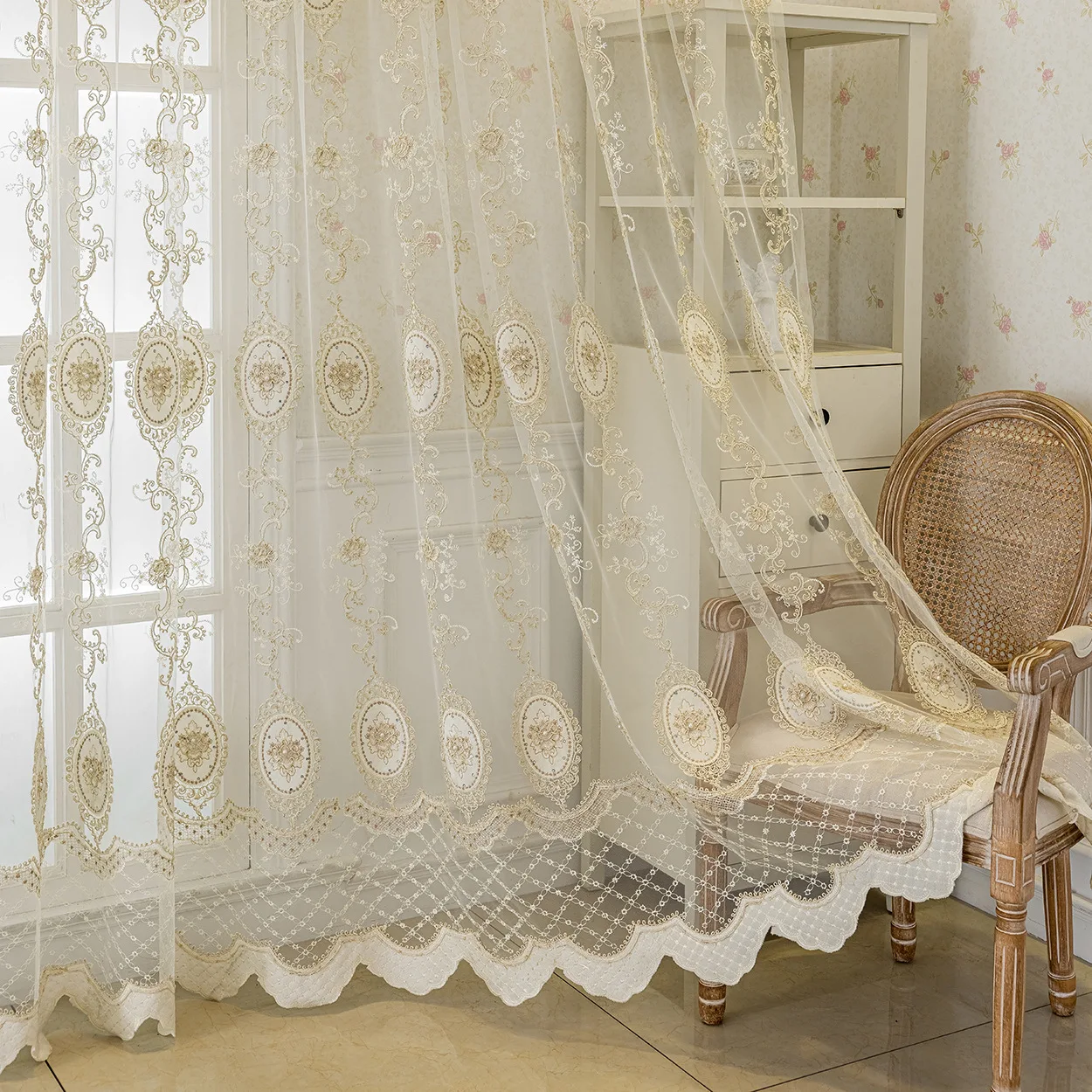200013   Embroidery European style nail bead embroidery transparent curtains and window screens balcony living room villa