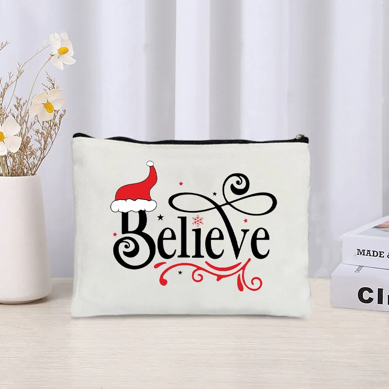 Believe Merry Christmas Tree Canvas Makeup Bag Organizer Zipper Storage Pouch Travel Perfume Lipstick Bags Pencil Case Xmas Gift