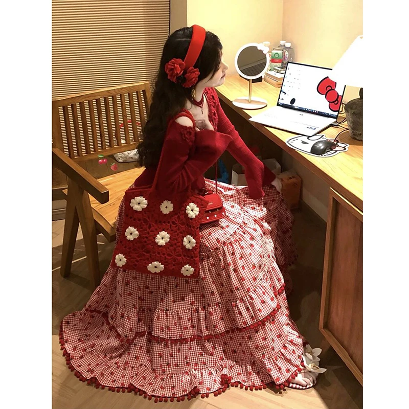 2026 New Arrival Spring/summer Women Casual Loose Sweet Cute Cartoon Print A-line Skirt Tassel Design Ankle-length Skirts T171
