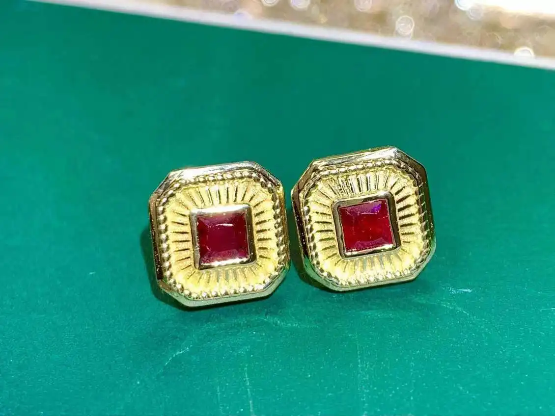 SGARIT Jewellery Vintage Gemstone Earrings 18K Yellow Gold 0.41CT Natural Pigeon Blood Red Ruby Stud Earrings For Women