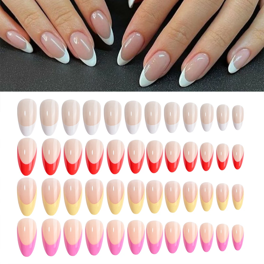 

96 шт., миндалевидные средние французские накладные ногти, белые, красные, желтые, розовые, глянцевые акриловые накладные ногти, полное покрытие, французские овальные кончики ногтей