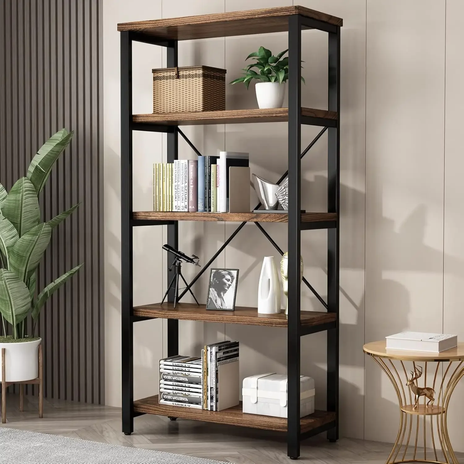 5 Tier Industrial Solid Wood Bookshelf, Open Etagere Bookcase with Metal Frame, Vintage Industrial Style Bookcase/Metal