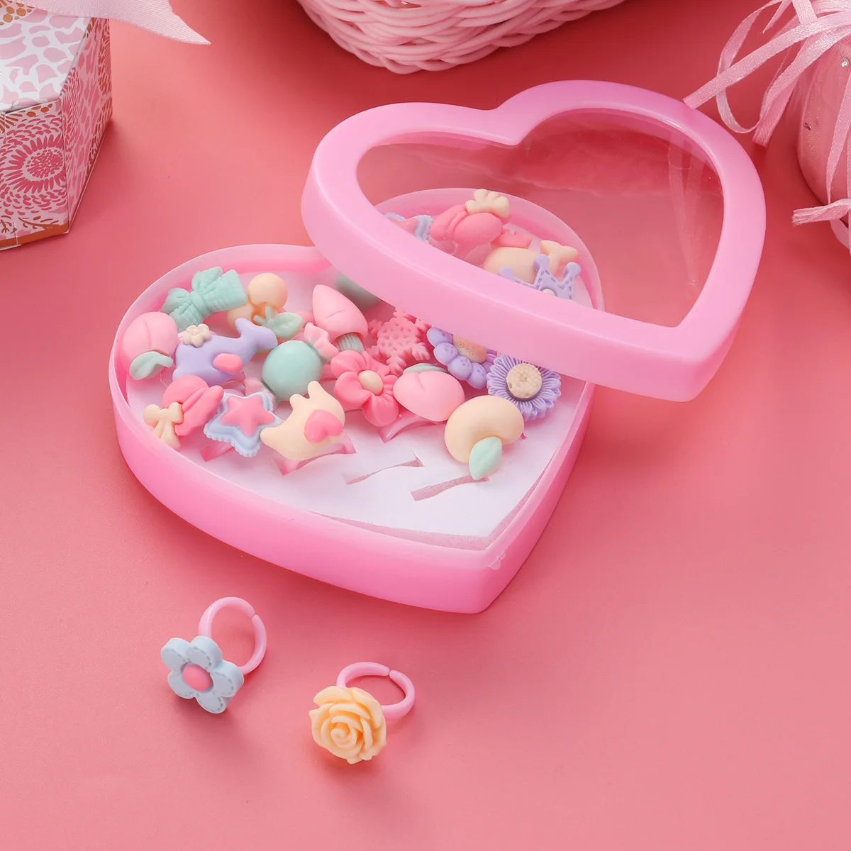 

24pcs Child Colorful Flower Ring Set For Girl Kid Child Gift Heart-Shaped Box Lightweight Plastic Birthday Dress Up