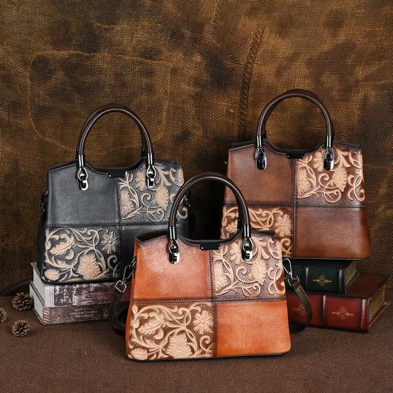 

New women's bag made of genuine leather, retro embossed, hand polished, single shoulder diagonal cross bag, luxurious handbag