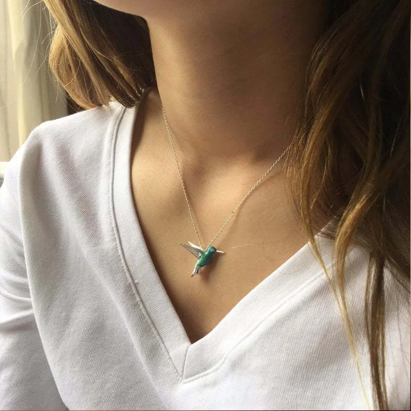 Hummingbird Chain Necklace Exquisite Blue Enamel Bird Pendant Clavicle Chain Necklace For Women Party Anniversary Jewelry Gifts