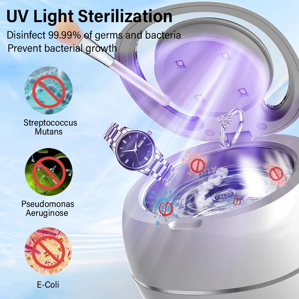 Ultrasonic Cleaner Portable Washing Machine for Dentures with UV Light Ultrasound Cleaning Bath for Denture Retainer Jewelry