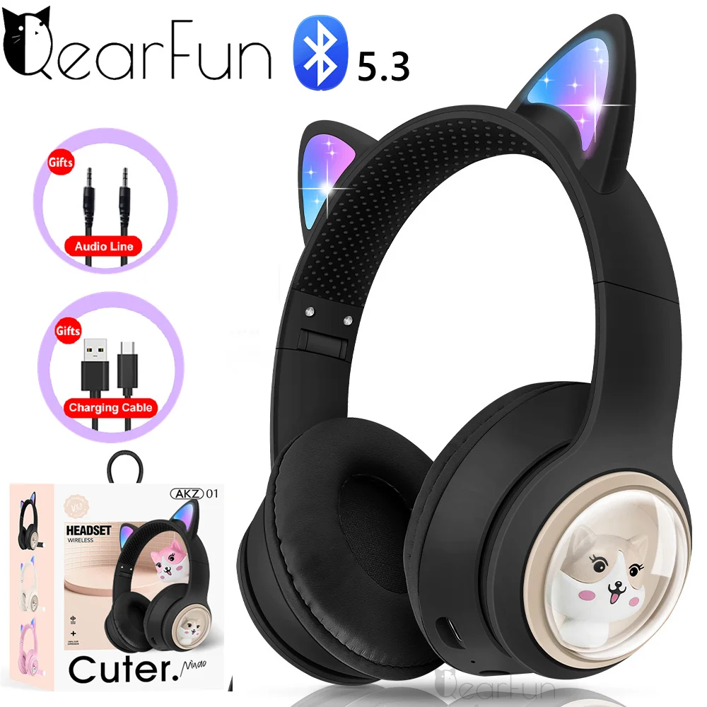 Cat Ear Headphones Black Pink Bluetooth Headphone RGB Light Wireless Earphones with Mic Music for IPad iPhone Girls Boys Gifts